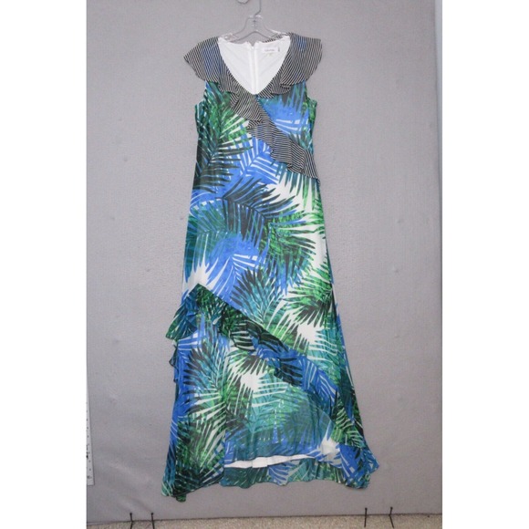 Calvin Klein Maxi Dress  6 Blue Green Leaf‎ Stripe Mix Print Ruffle Flowy - Picture 1 of 14